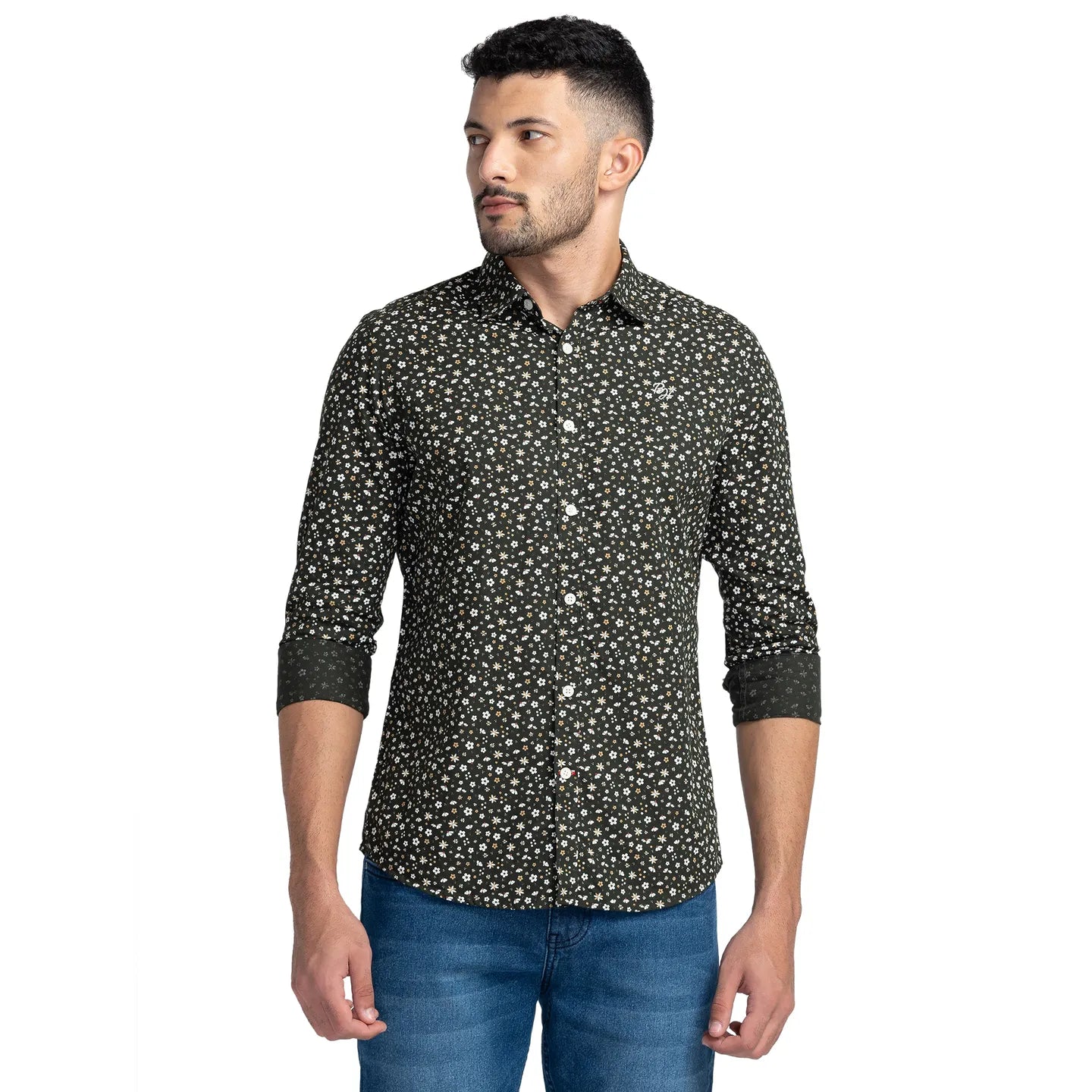 Green Slim Straight Fit Regular Collar Long Sleeves Cotton Men's Shirt by Being Human Clothing
