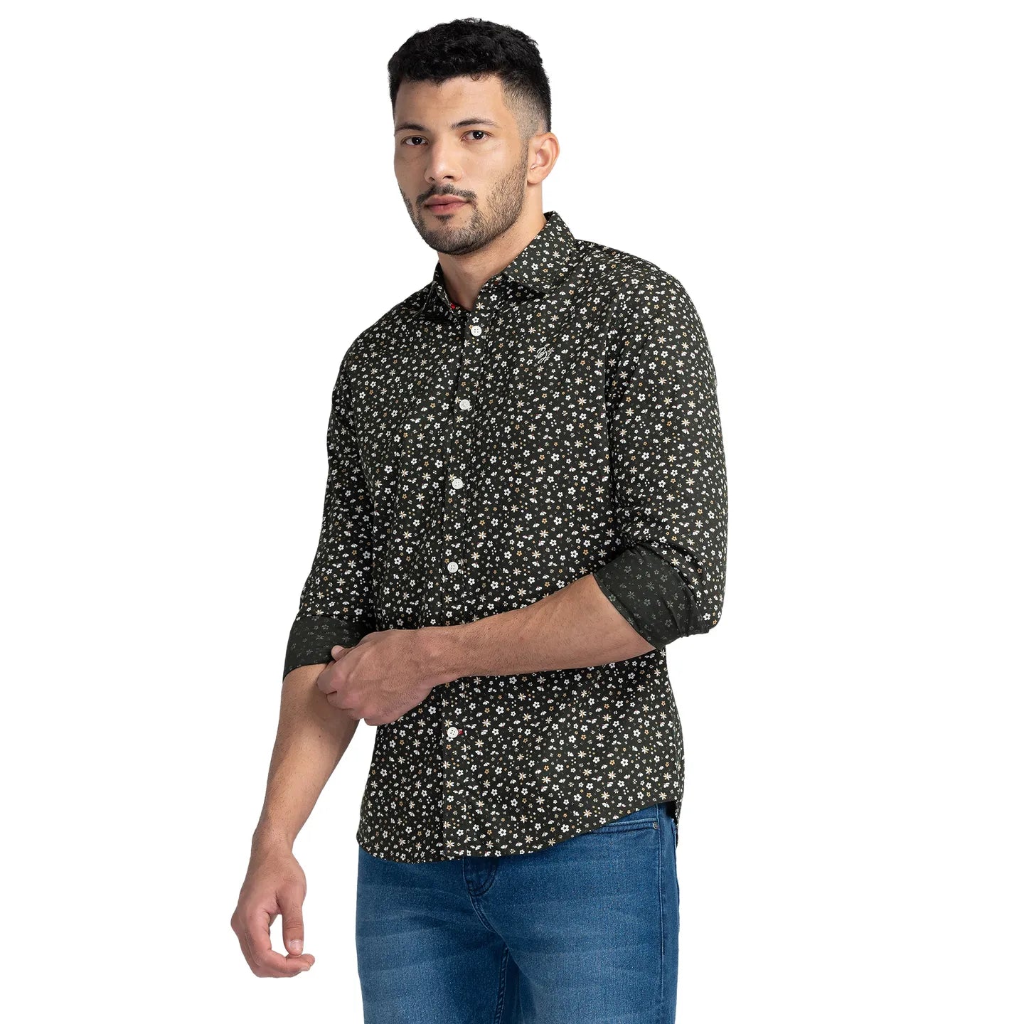 Green Slim Straight Fit Regular Collar Long Sleeves Cotton Men's Shirt by Being Human Clothing