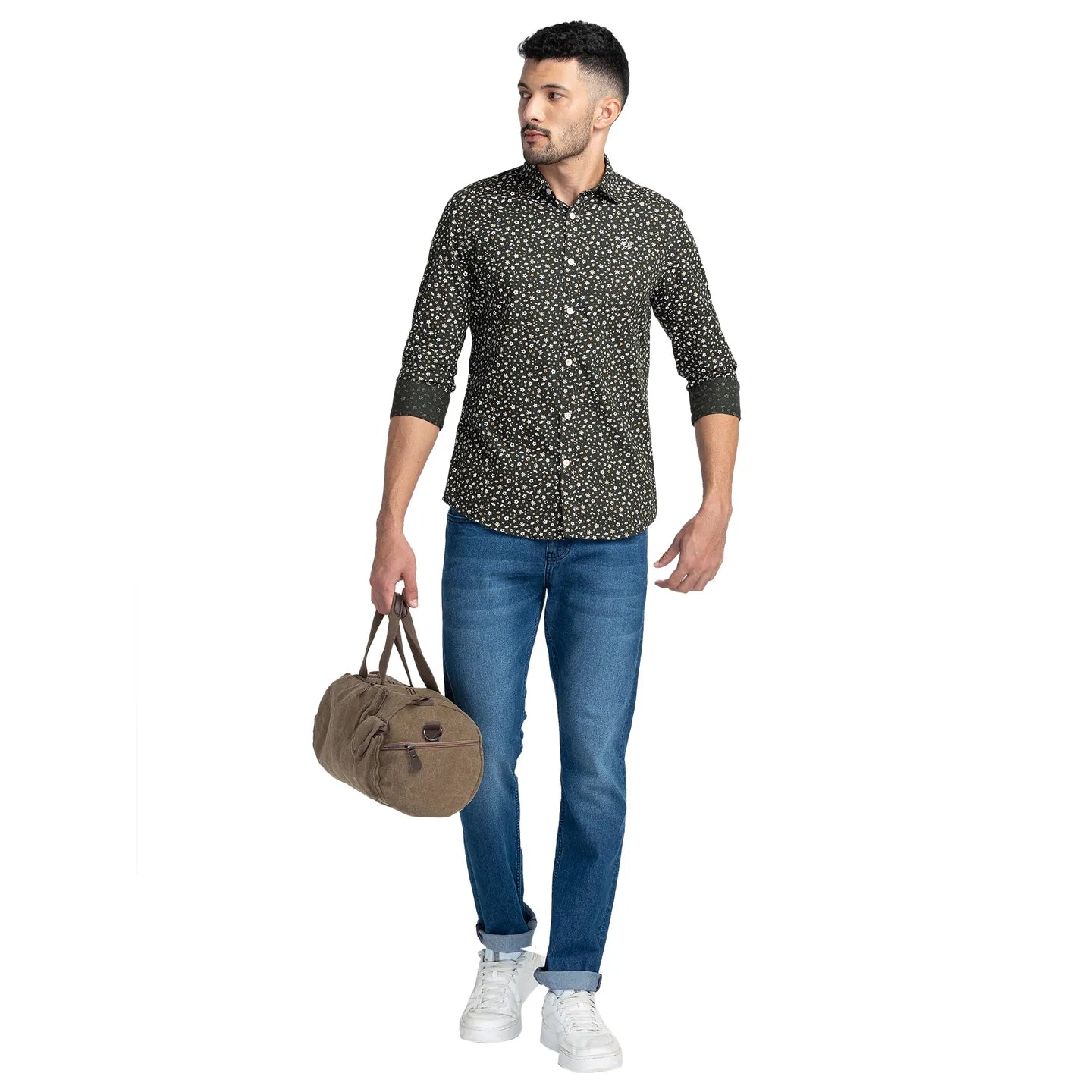 Green Slim Straight Fit Regular Collar Long Sleeves Cotton Men's Shirt by Being Human Clothing