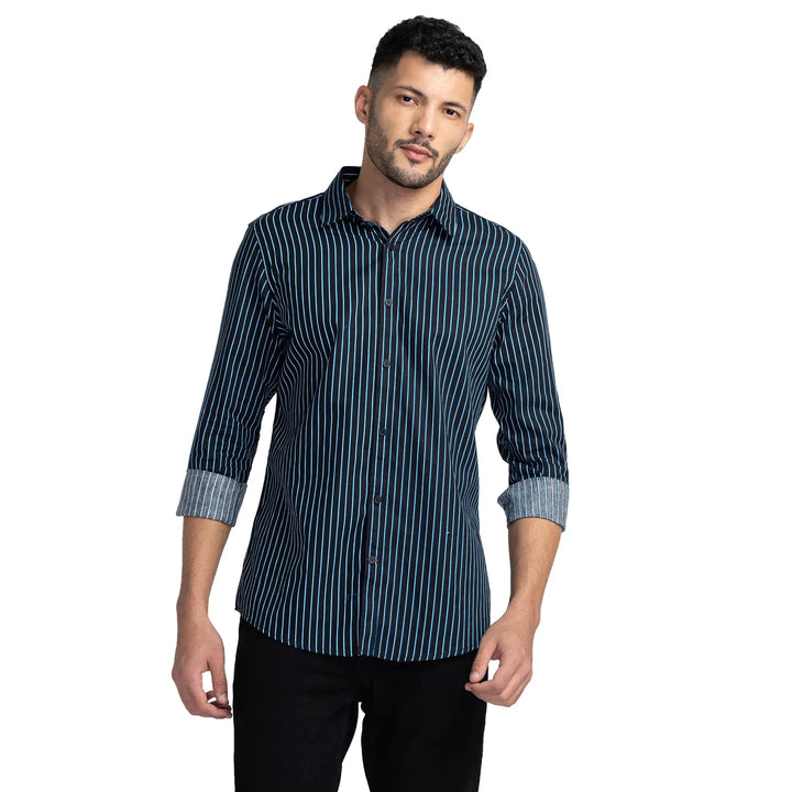 Black Slim Straight Fit Regular Collar Long Sleeves Cotton Men's Shirt by Being Human Clothing