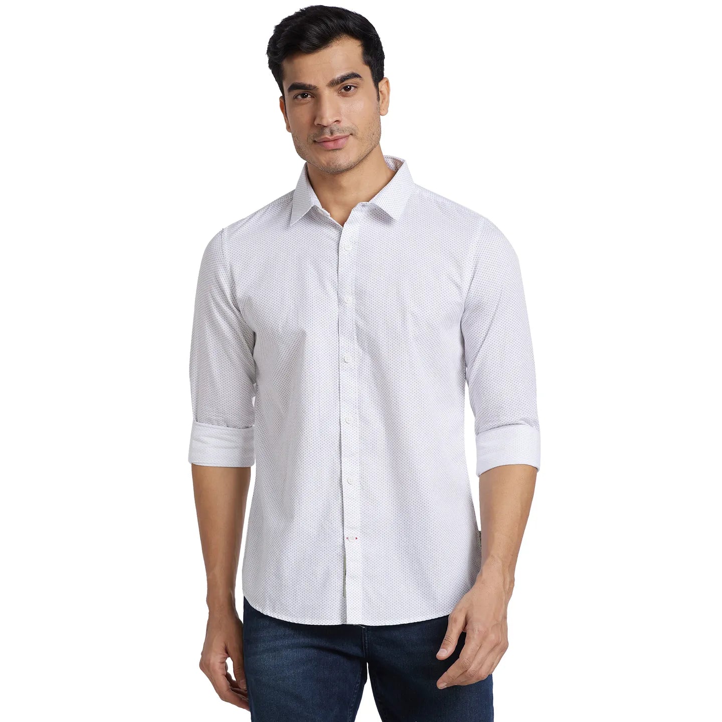 White Slim Straight Fit Regular Collar Long Sleeves Cotton Men's Shirt by Being Human Clothing