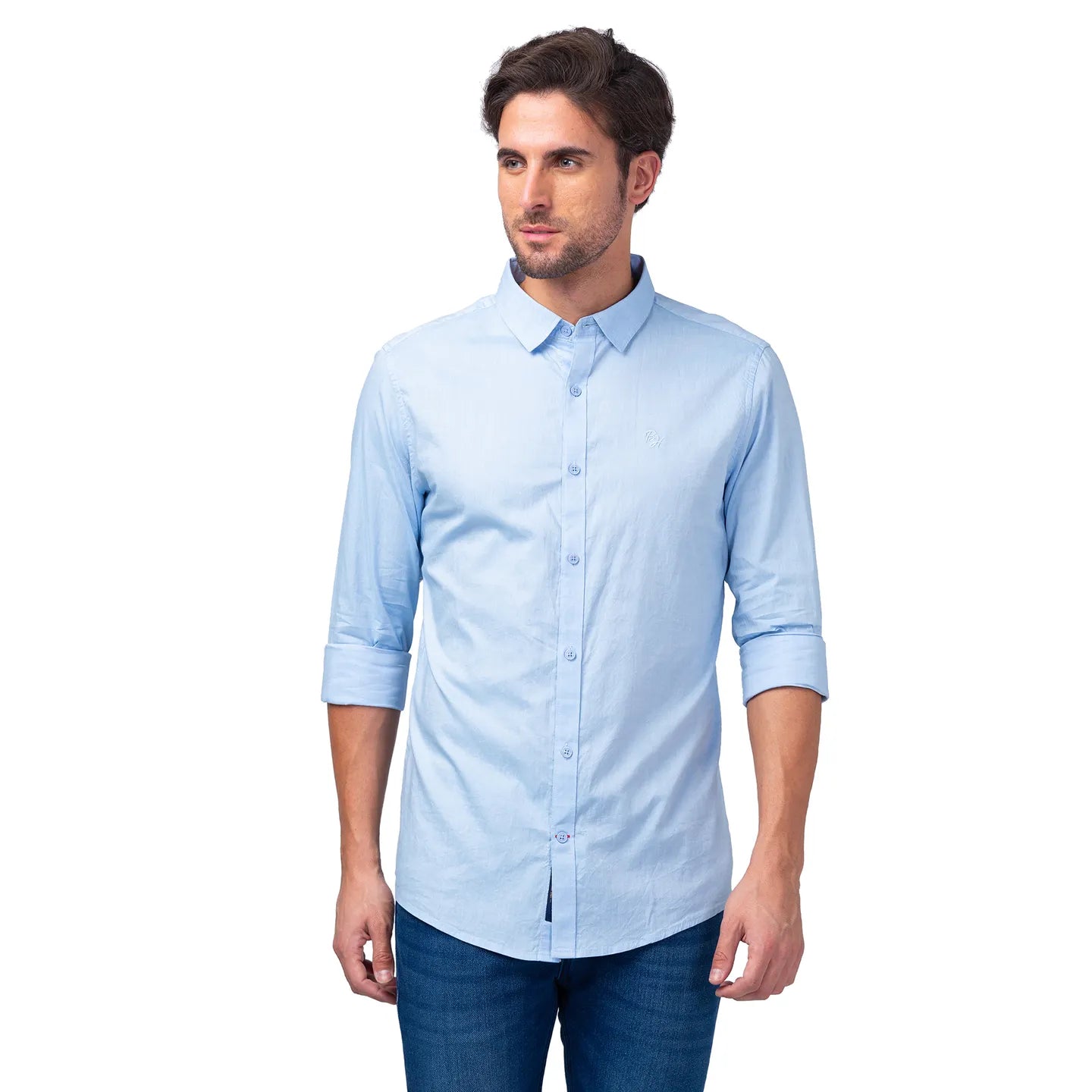 Blue Slim Straight Fit Regular Collar Long Sleeves Men's Shirt by Being Human Clothing