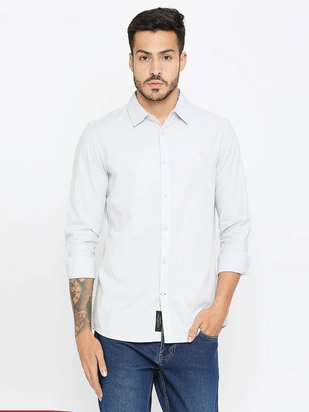 White Slim Straight Fit Regular Collar Long Sleeves Cotton Men's Shirt by Being Human Clothing