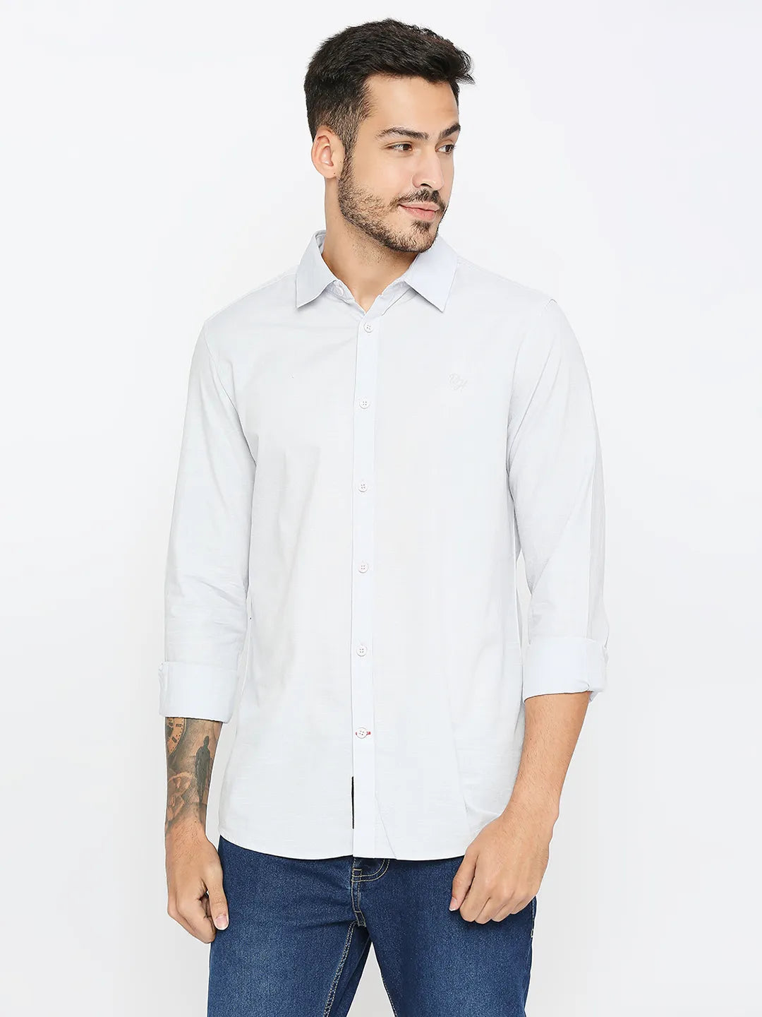 White Slim Straight Fit Regular Collar Long Sleeves Cotton Men's Shirt by Being Human Clothing