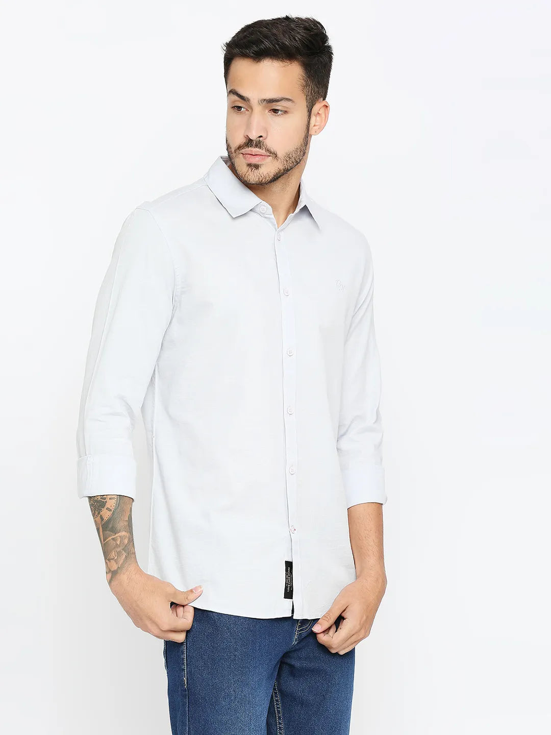White Slim Straight Fit Regular Collar Long Sleeves Cotton Men's Shirt by Being Human Clothing