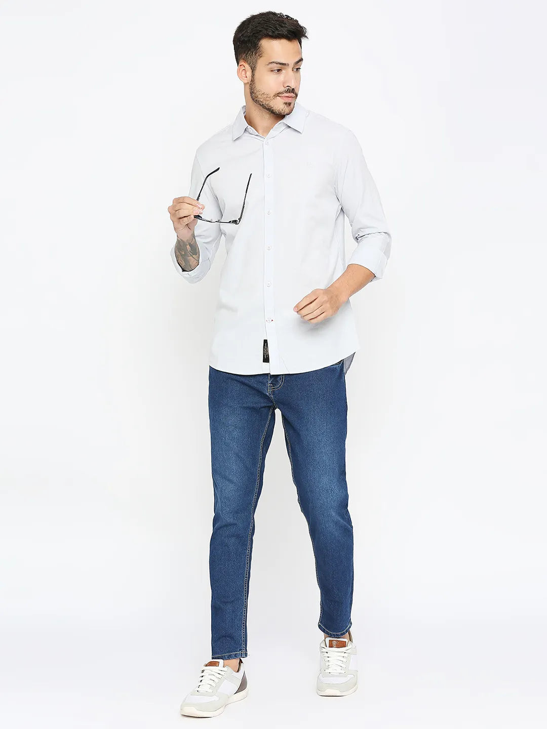 White Slim Straight Fit Regular Collar Long Sleeves Cotton Men's Shirt by Being Human Clothing