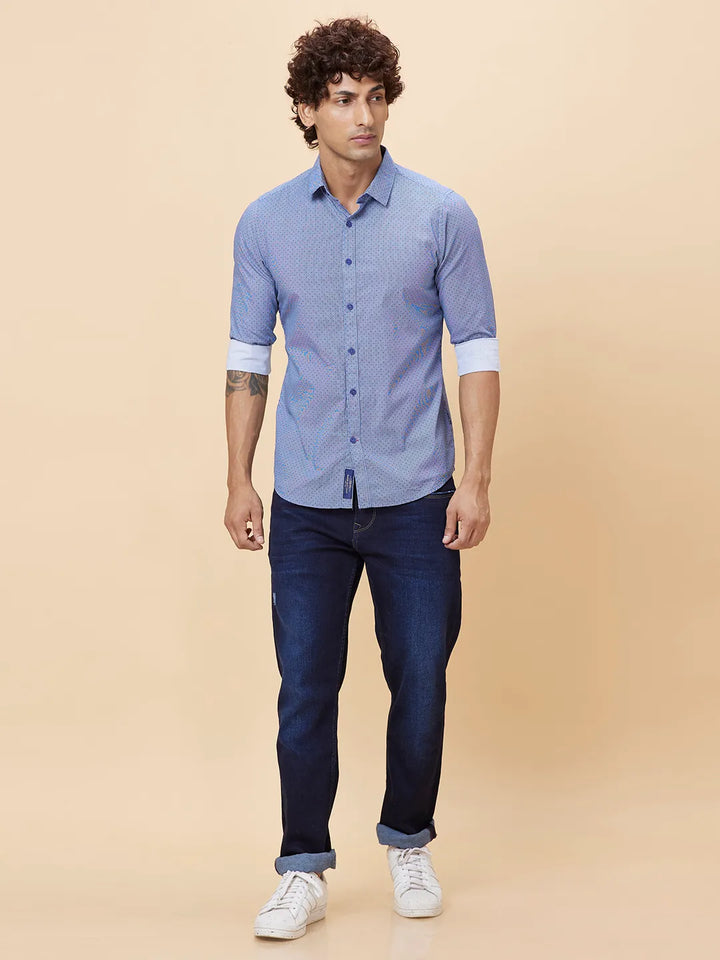 Blue Slim Straight Fit Regular Collar Long Sleeves Men's Shirt by Being Human Clothing