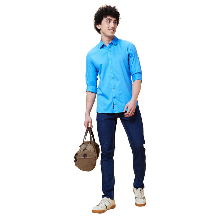 Blue Slim Straight Fit Regular Collar Long Sleeves Men's Shirt