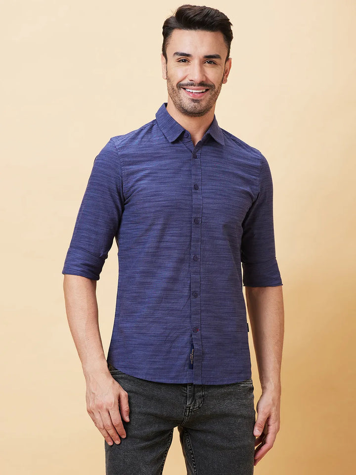 Blue Slim Straight Fit Regular Collar Long Sleeves Men's Shirt by Being Human Clothing