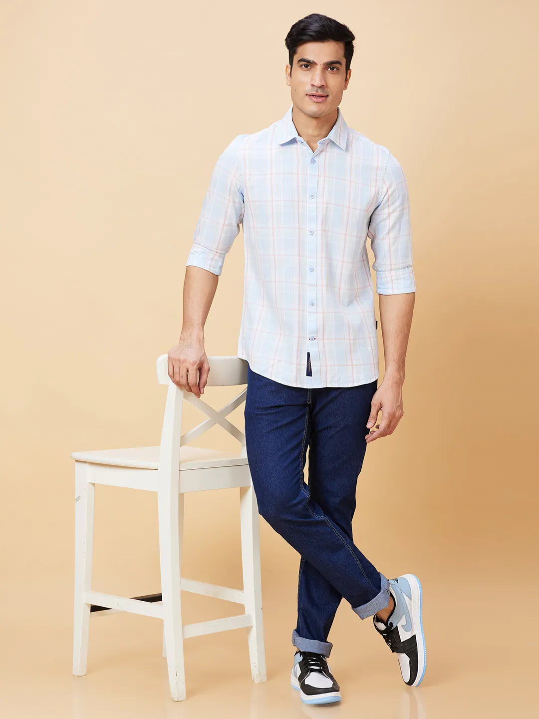 Blue Slim Straight Fit Regular Collar Long Sleeves Men's Shirt by Being Human Clothing