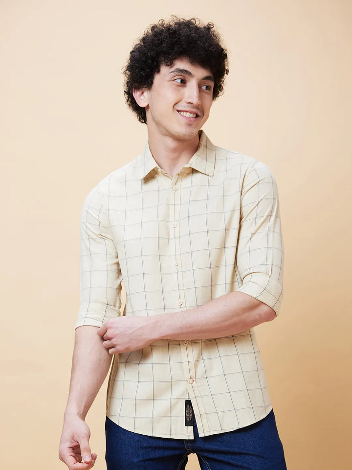 Beige Slim Straight Fit Regular Collar Long Sleeves Men's Shirt by Being Human Clothing