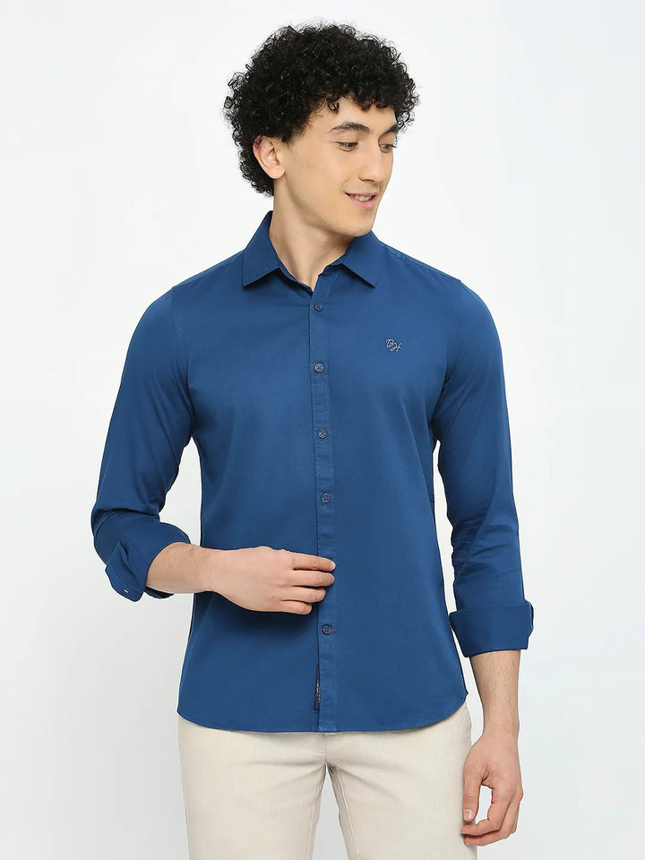 Blue Slim Straight Fit Regular Collar Long Sleeves Men's Shirt by Being Human Clothing
