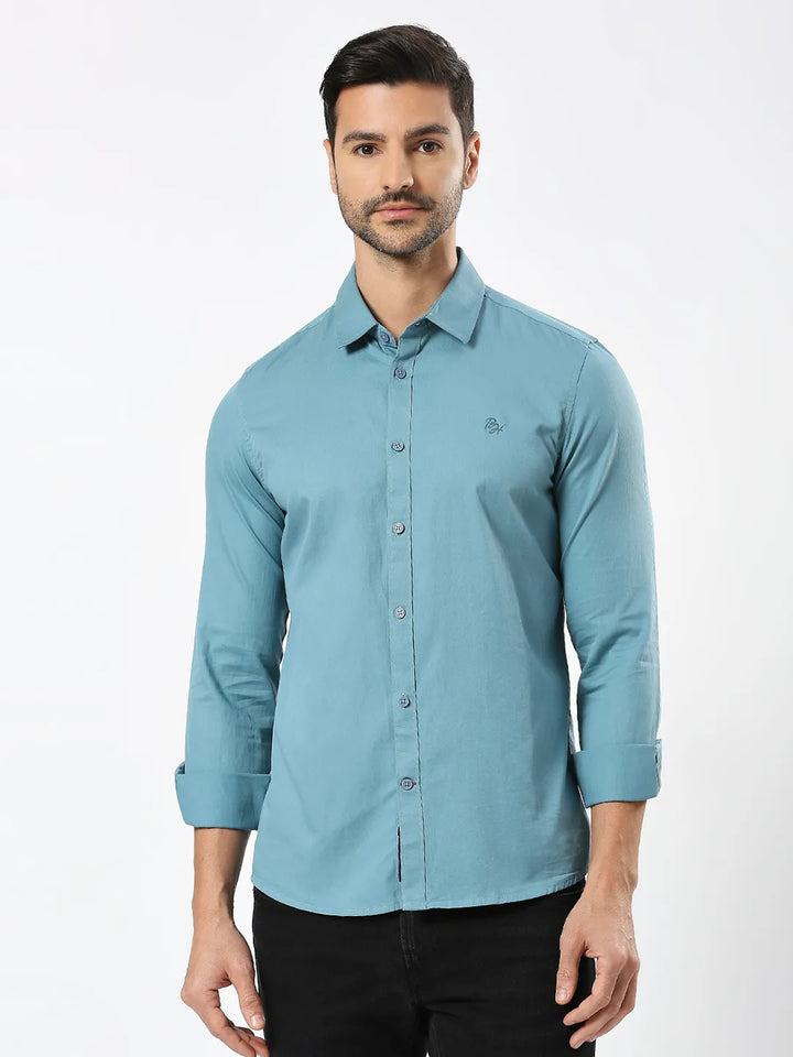 Green Slim Straight Fit Regular Collar Long Sleeves Men's Shirt by Being Human Clothing
