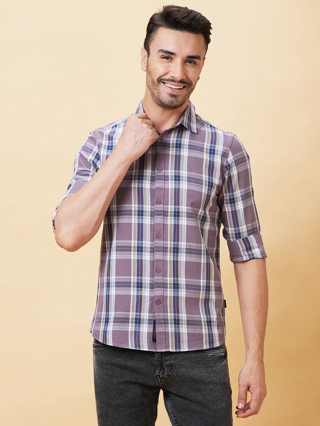 Brown Slim Straight Fit Regular Collar Long Sleeves Men's Shirt by Being Human Clothing