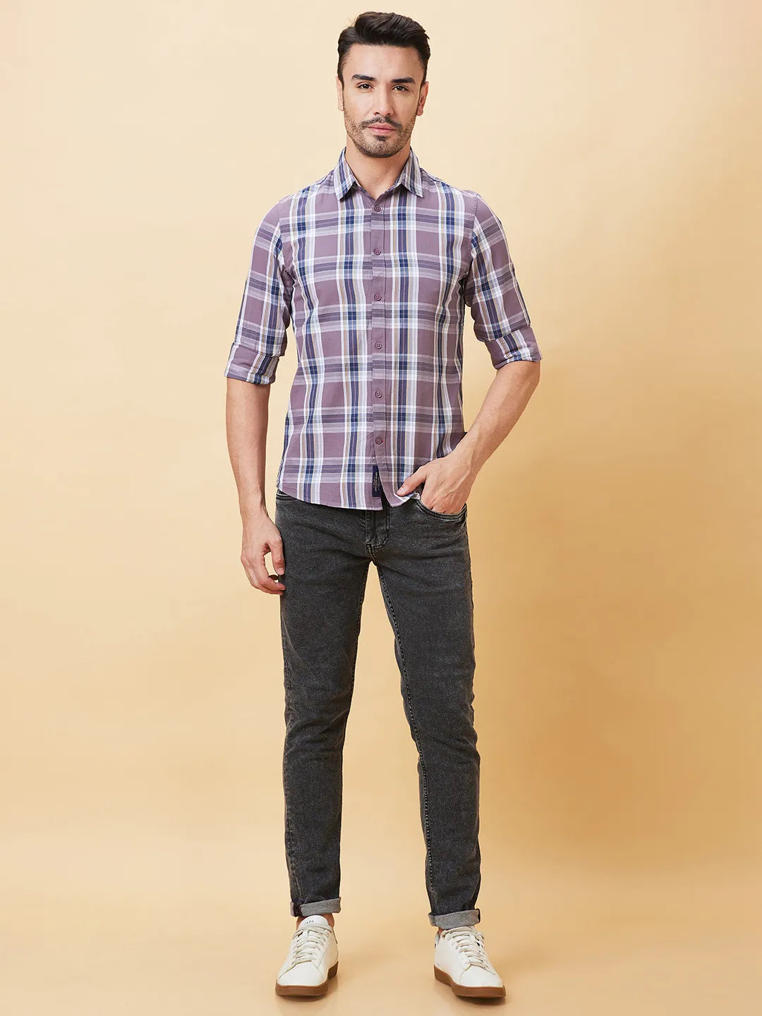 Brown Slim Straight Fit Regular Collar Long Sleeves Men's Shirt by Being Human Clothing