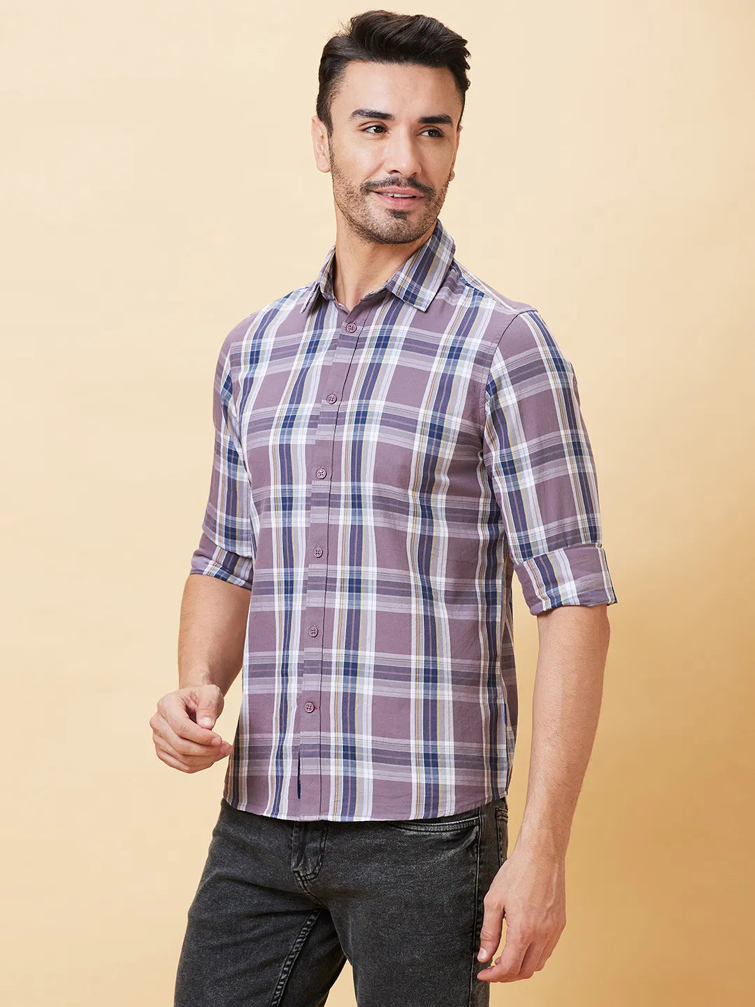 Brown Slim Straight Fit Regular Collar Long Sleeves Men's Shirt by Being Human Clothing