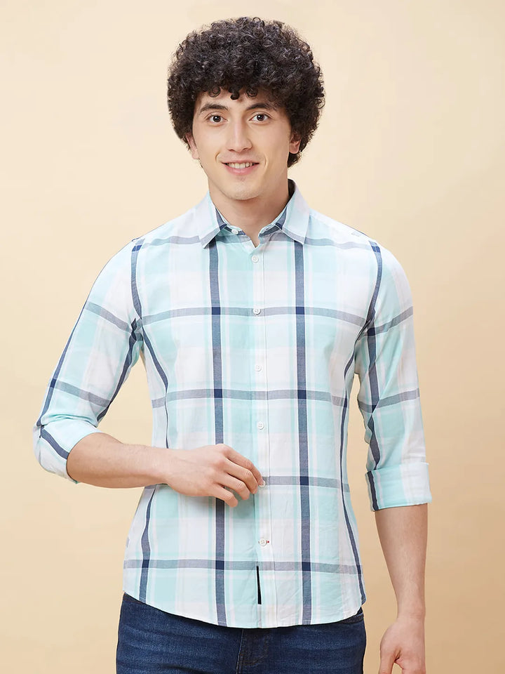 Green Slim Straight Fit Regular Collar Long Sleeves Men's Shirt by Being Human Clothing