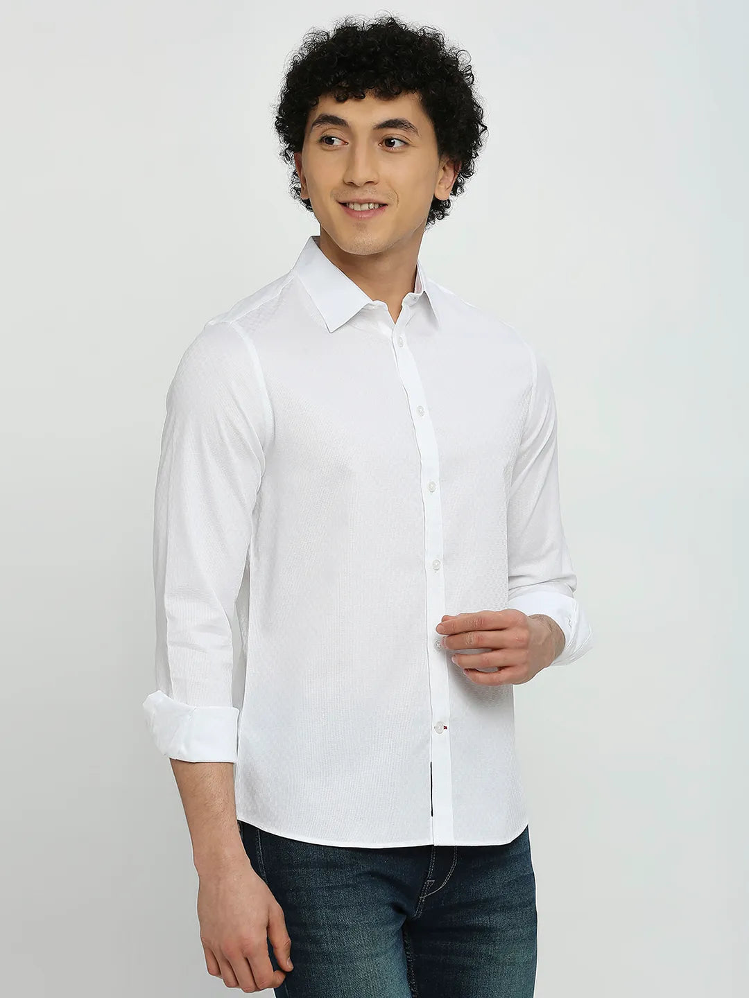 White Slim Straight Fit Regular Collar Long Sleeves Men's Shirt by Being Human Clothing