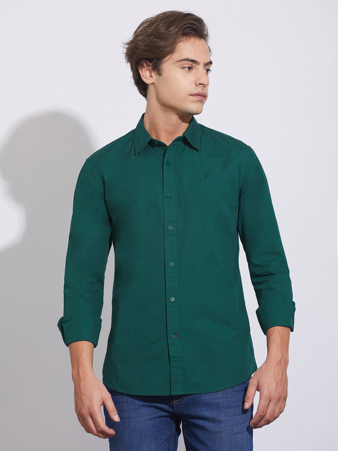 Forest Green Slim Fit Regular Collar Men's Shirt by Being Human Clothing