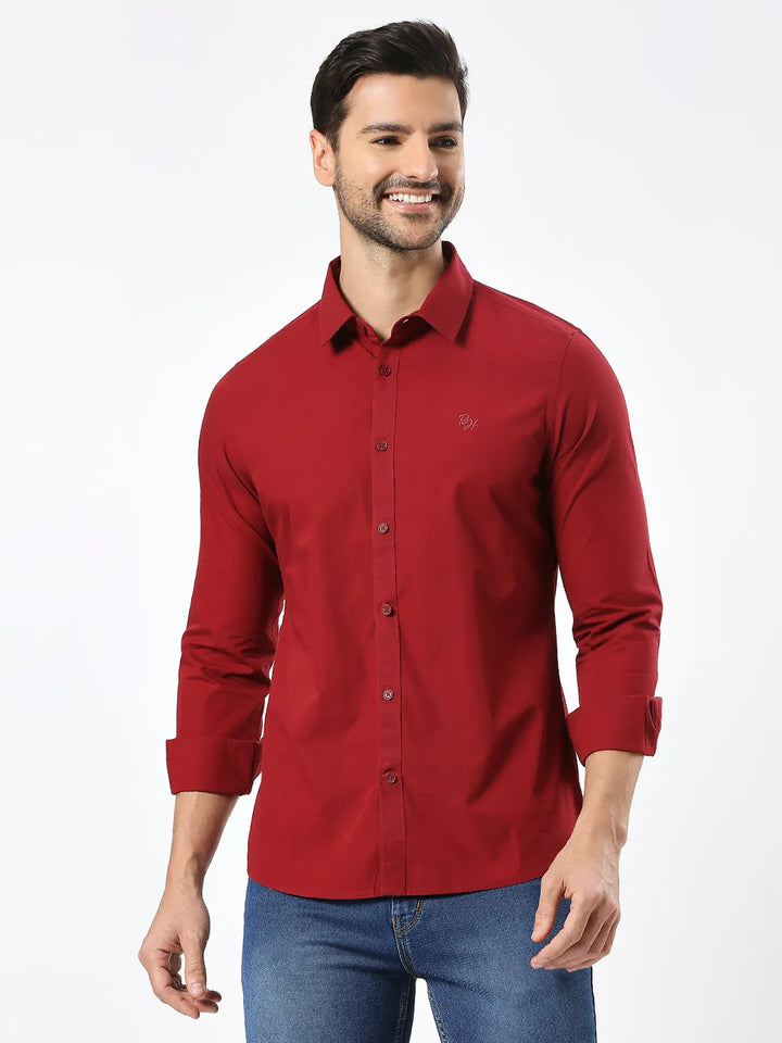 Red Slim Straight Fit Regular Collar Long Sleeves Men's Shirt by Being Human Clothing