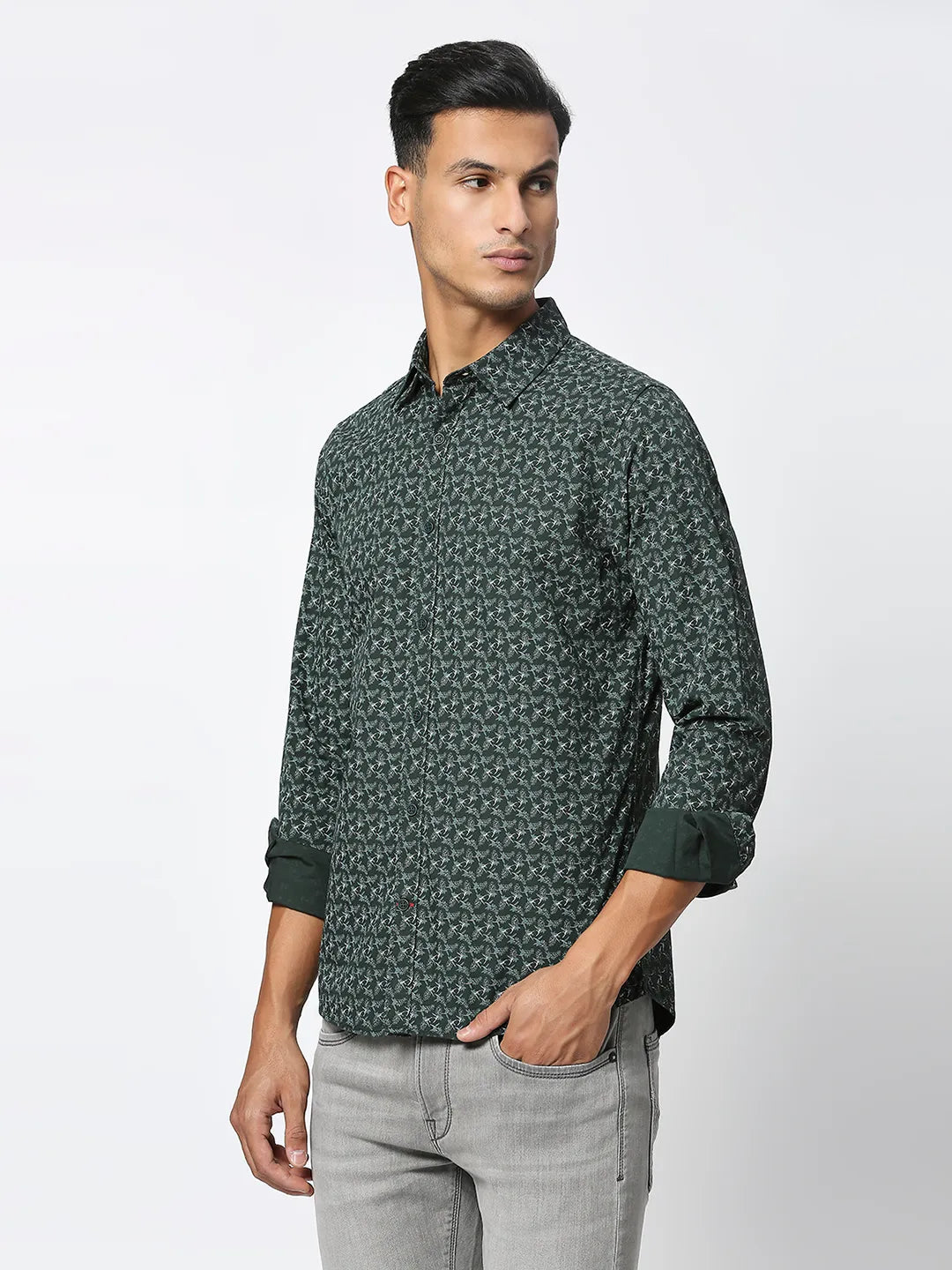 Olive Slim Straight Fit Regular Collar Long Sleeves Men's Shirt by Being Human Clothing