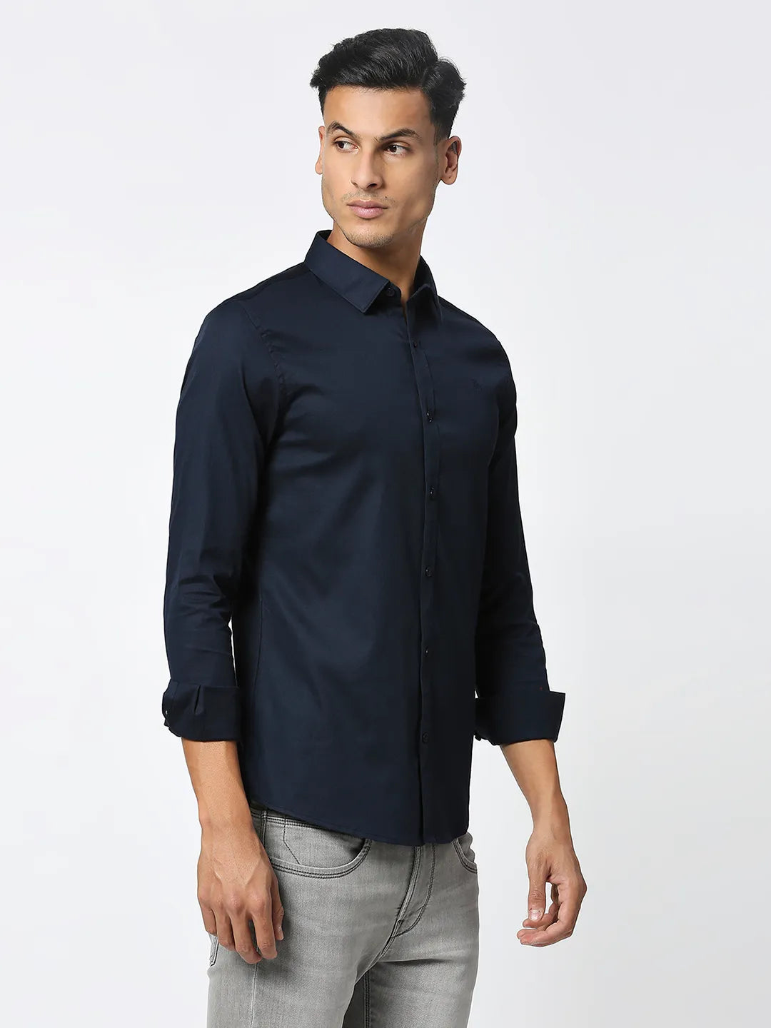 Blue Slim Straight Fit Regular Collar Long Sleeves Men's Shirt by Being Human Clothing