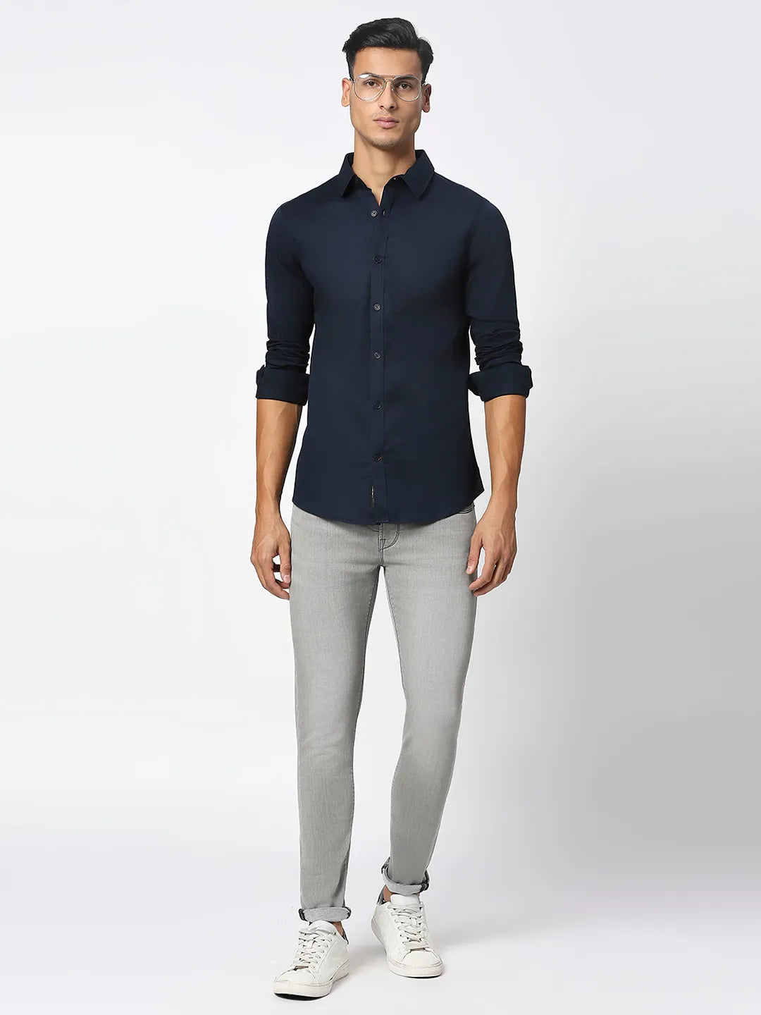 Blue Slim Straight Fit Regular Collar Long Sleeves Men's Shirt by Being Human Clothing