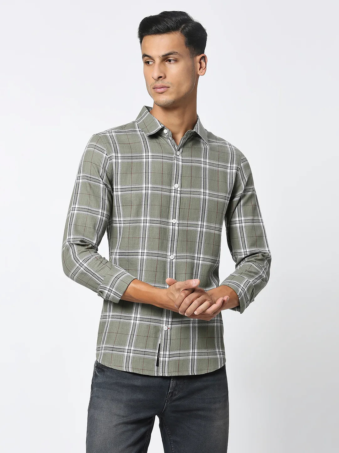 Light Olive Slim Fit Regular Collar Men's Shirt by Being Human Clothing