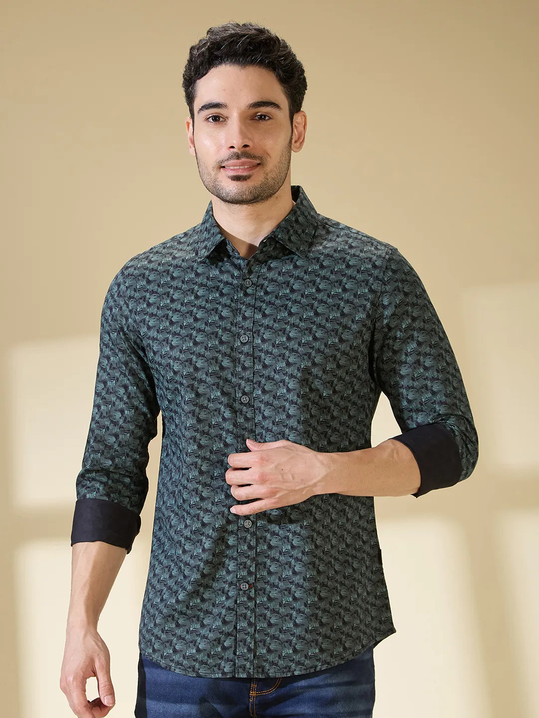 Olive Slim Straight Fit Regular Collar Long Sleeves Men's Shirt by Being Human Clothing