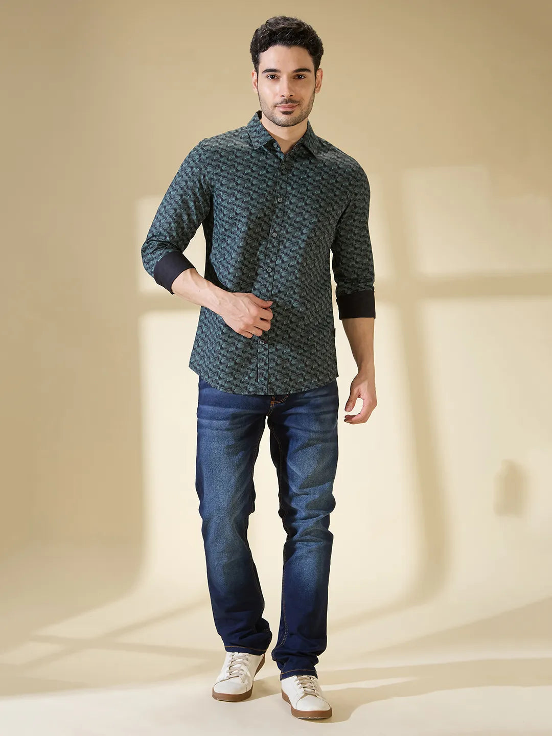 Olive Slim Straight Fit Regular Collar Long Sleeves Men's Shirt by Being Human Clothing