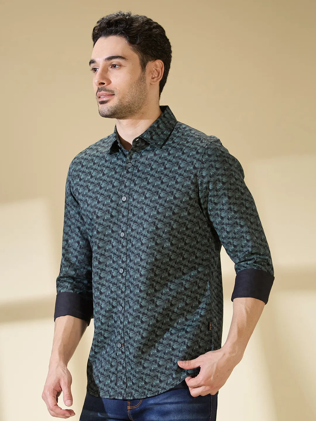 Olive Slim Straight Fit Regular Collar Long Sleeves Men's Shirt by Being Human Clothing