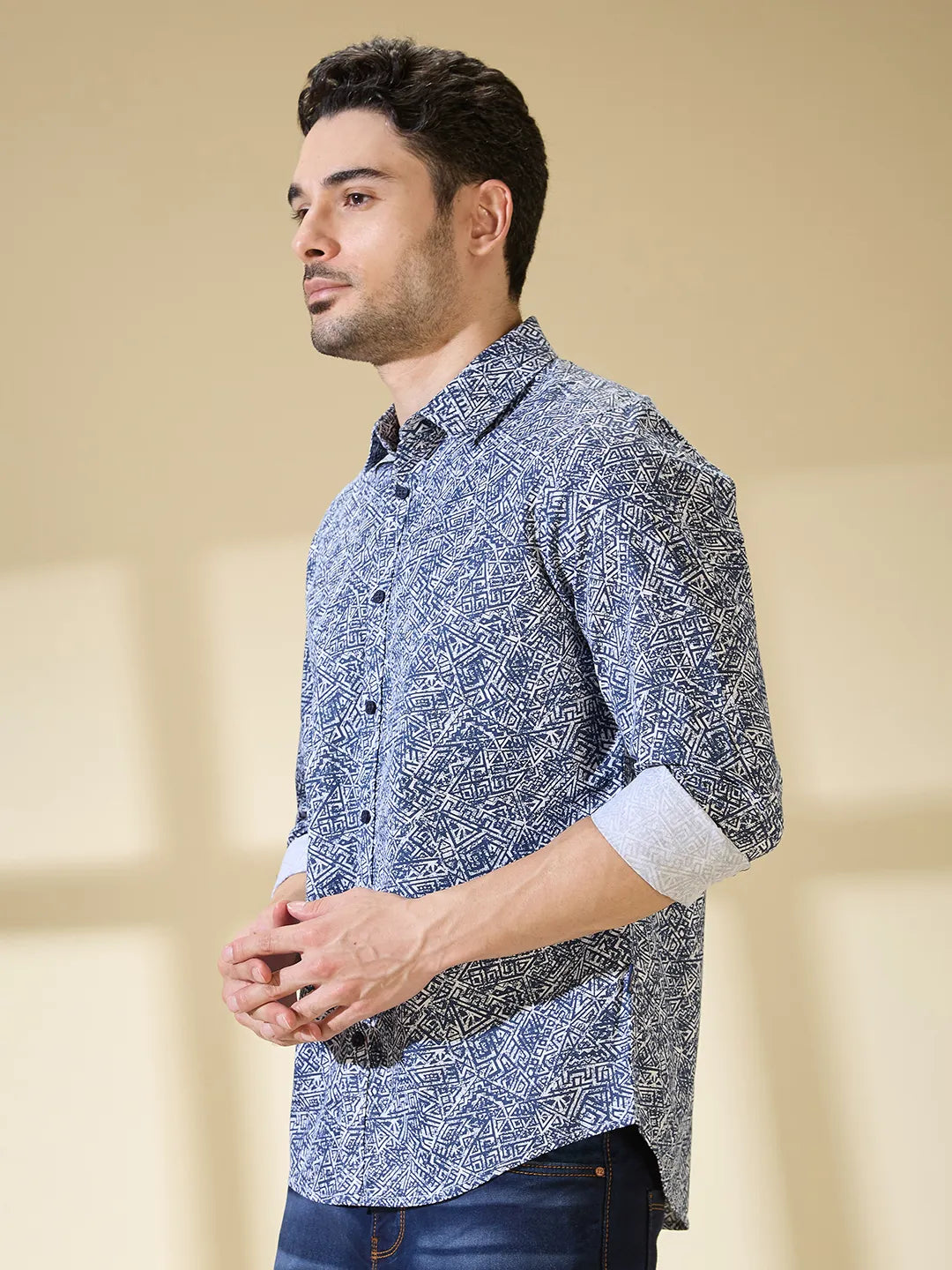 Blue Slim Straight Fit Regular Collar Long Sleeves Men's Shirt by Being Human Clothing