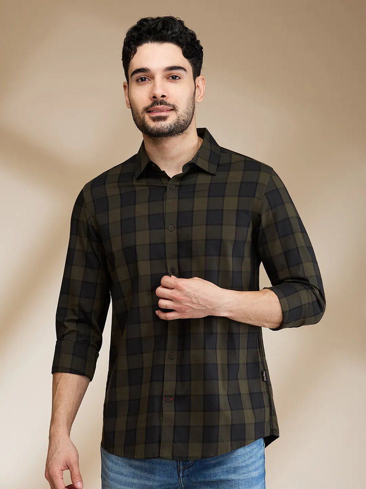 Olive Slim Straight Fit Regular Collar Long Sleeves Men's Shirt by Being Human Clothing