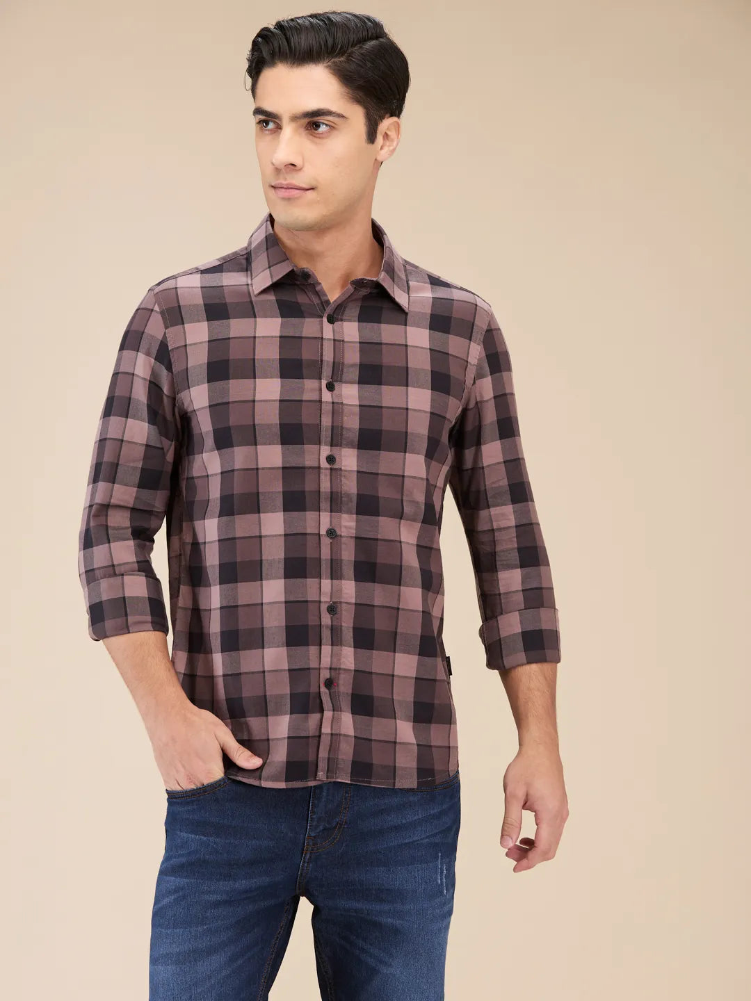 Brown Slim Straight Fit Regular Collar Long Sleeves Men's Shirt by Being Human Clothing