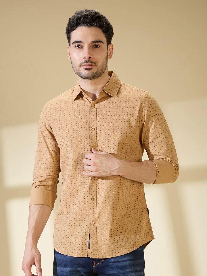 Khaki Slim Straight Fit Regular Collar Long Sleeves Men's Shirt by Being Human Clothing