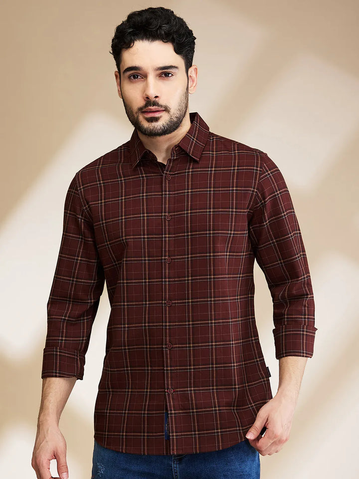 Brown Slim Straight Fit Regular Collar Long Sleeves Men's Shirt by Being Human Clothing