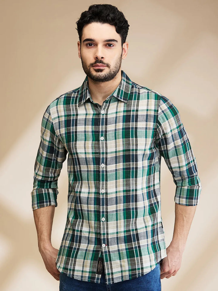Dark Green Slim Fit Regular Collar Men's Shirt by Being Human Clothing