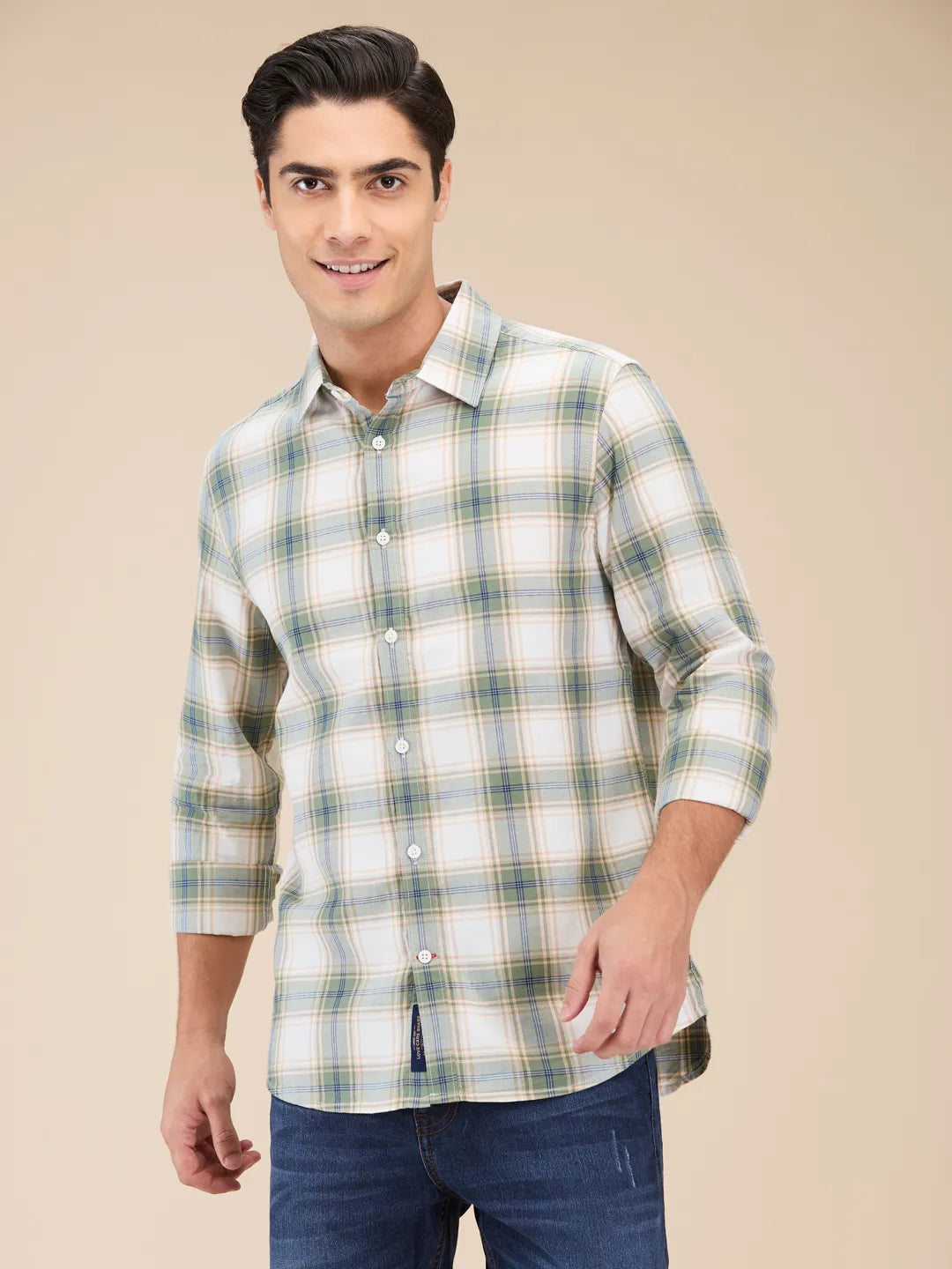 Beige Slim Straight Fit Regular Collar Long Sleeves Men's Shirt by Being Human Clothing