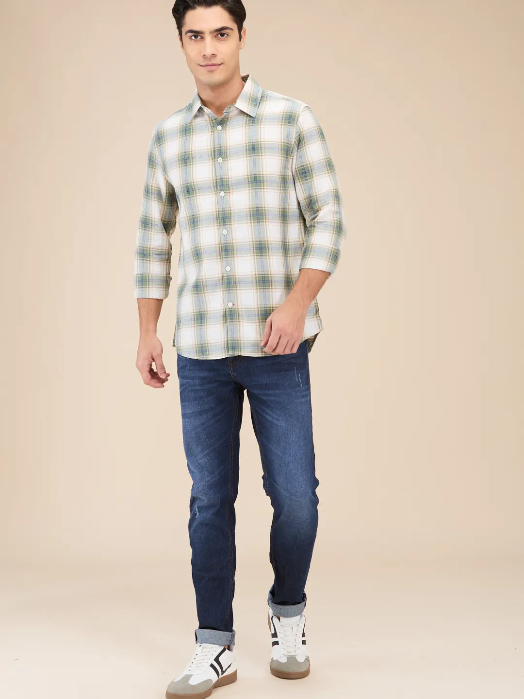 Beige Slim Straight Fit Regular Collar Long Sleeves Men's Shirt by Being Human Clothing