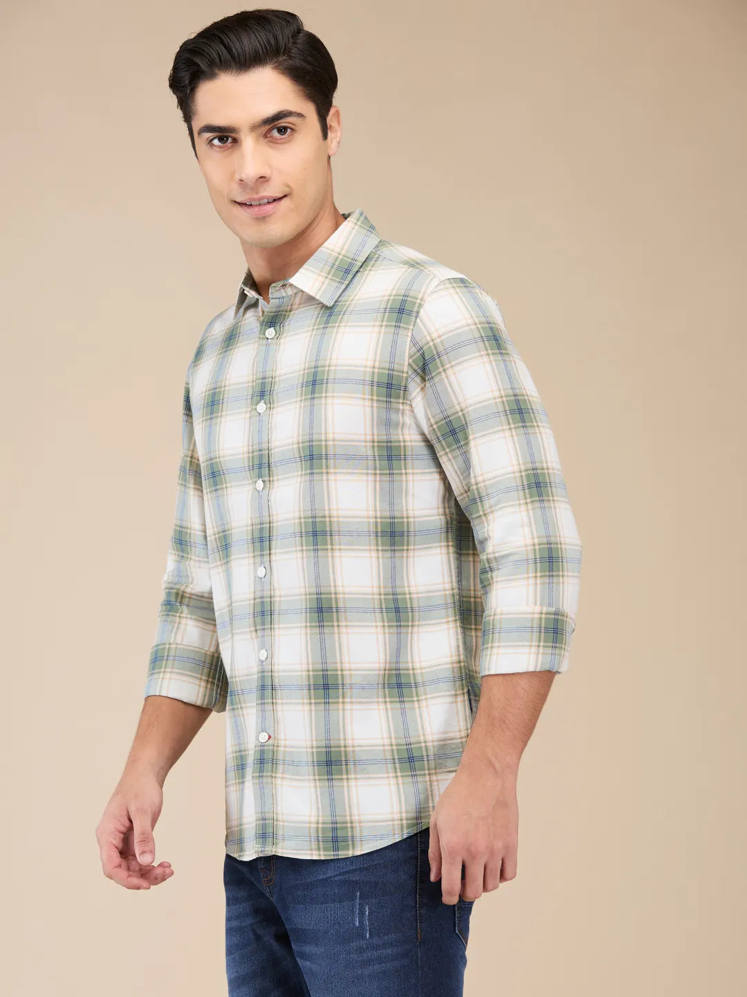 Beige Slim Straight Fit Regular Collar Long Sleeves Men's Shirt by Being Human Clothing