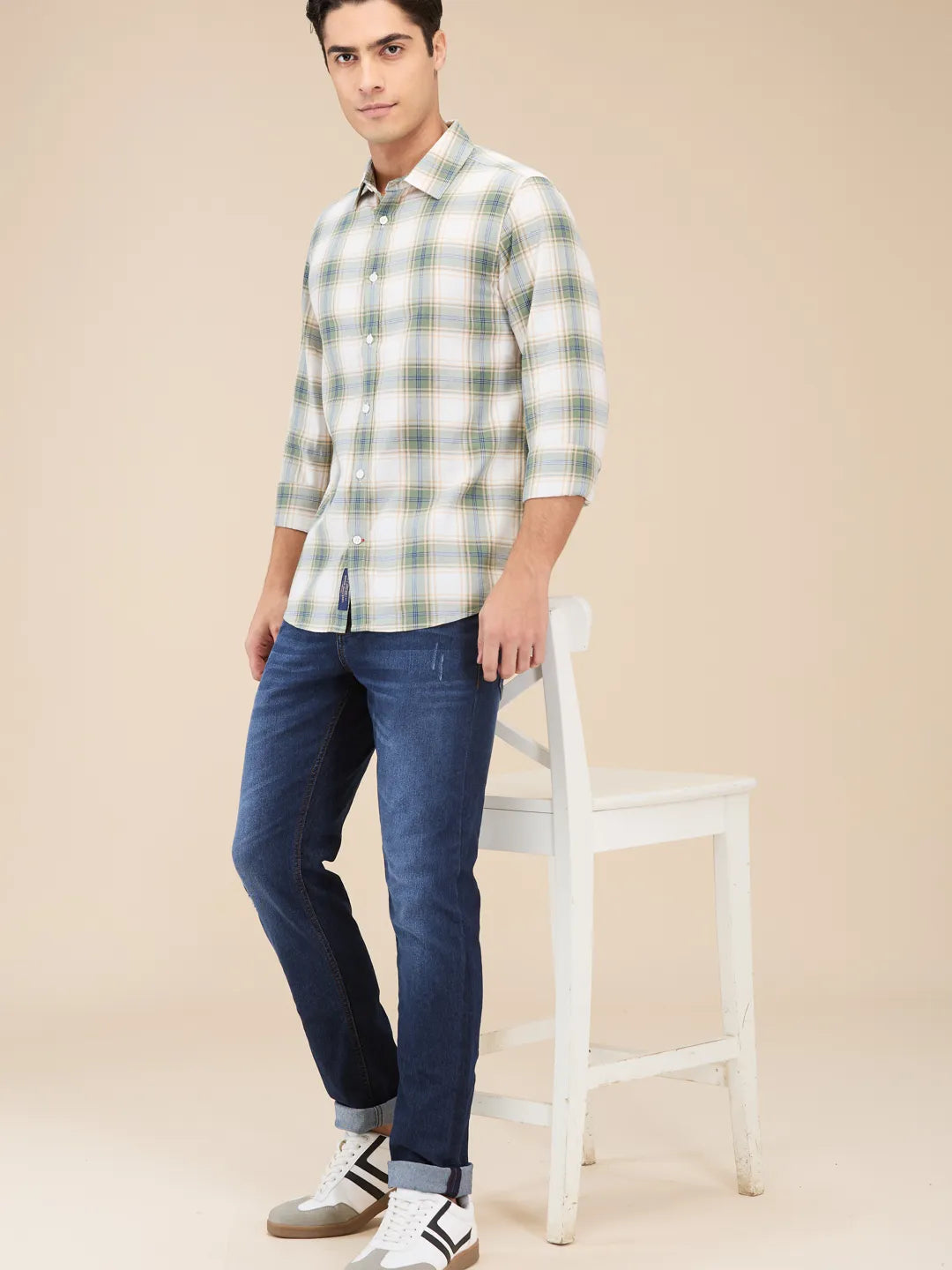 Beige Slim Straight Fit Regular Collar Long Sleeves Men's Shirt by Being Human Clothing