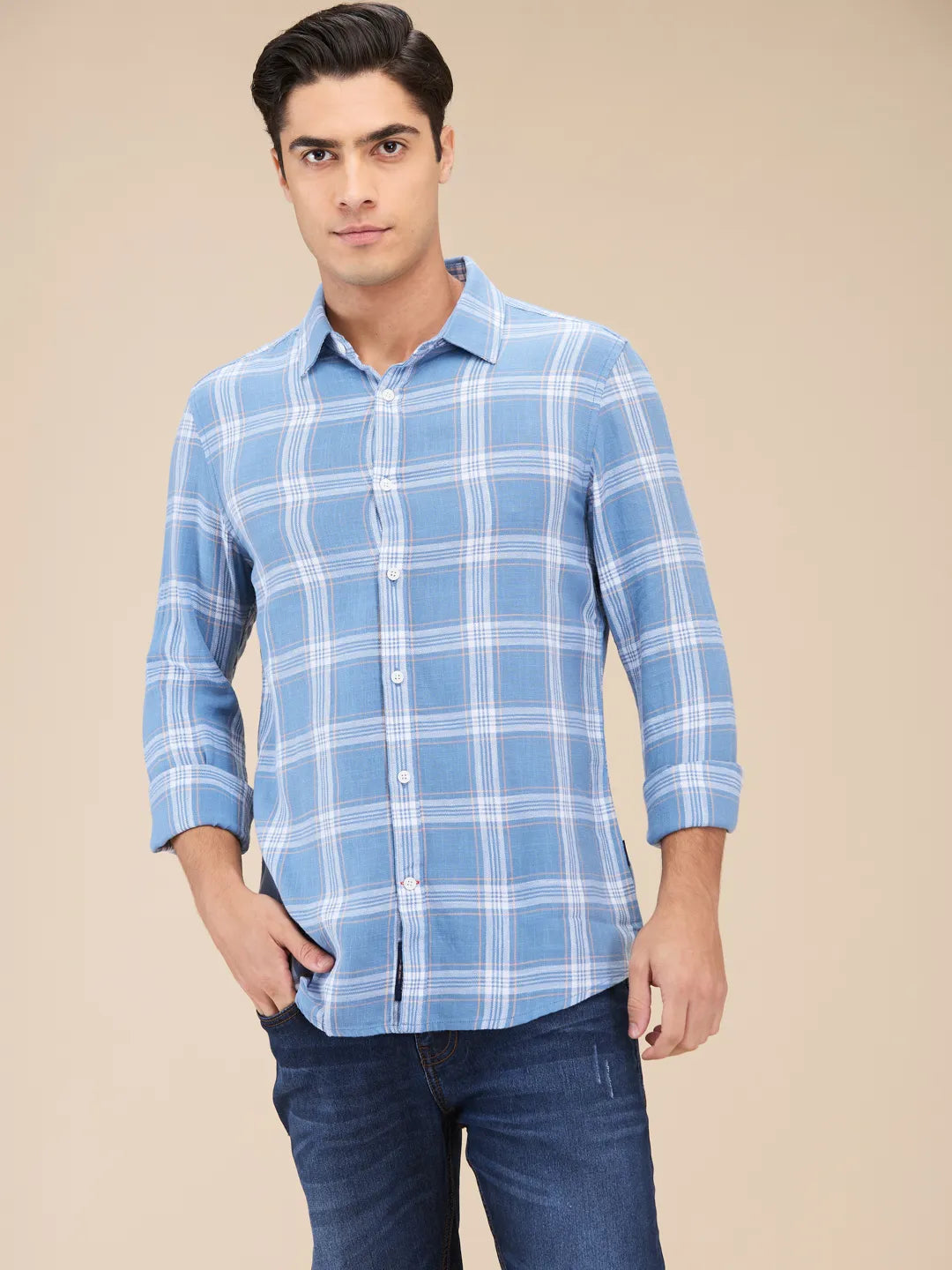 Blue Slim Straight Fit Regular Collar Long Sleeves Men's Shirt by Being Human Clothing