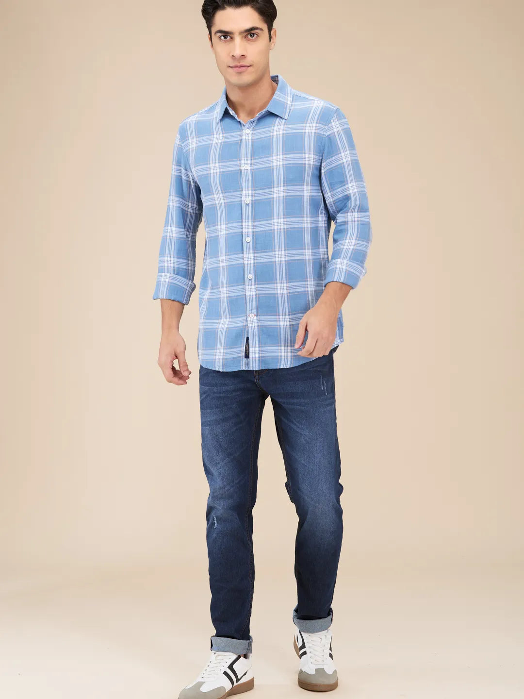 Blue Slim Straight Fit Regular Collar Long Sleeves Men's Shirt by Being Human Clothing