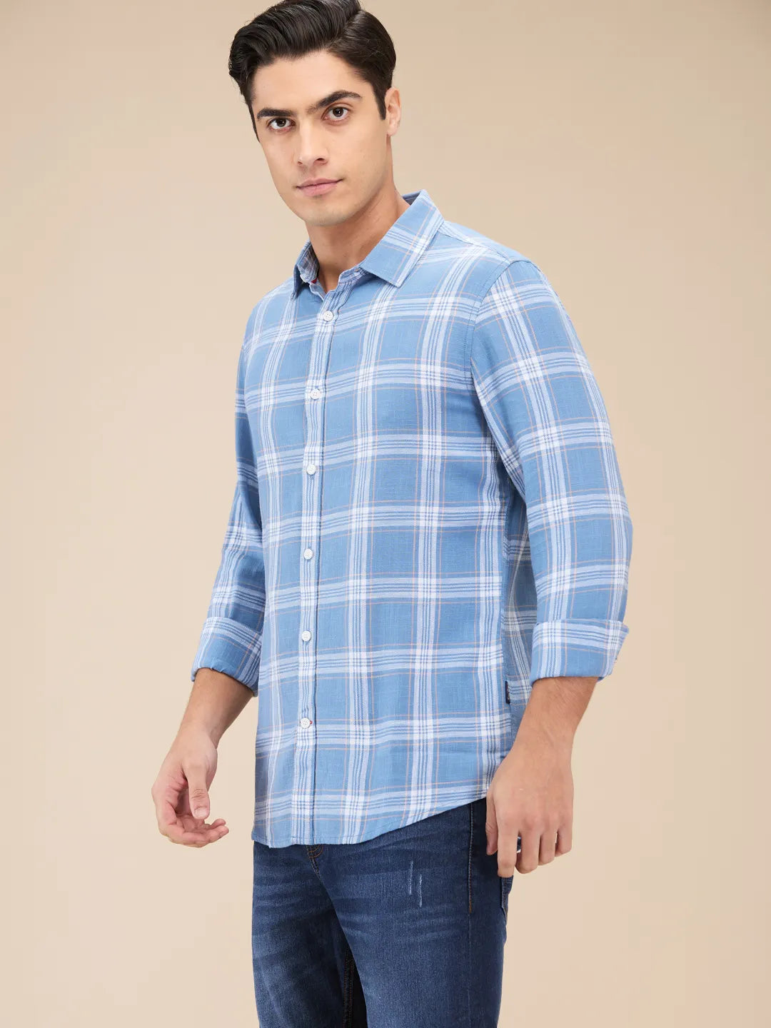 Blue Slim Straight Fit Regular Collar Long Sleeves Men's Shirt by Being Human Clothing