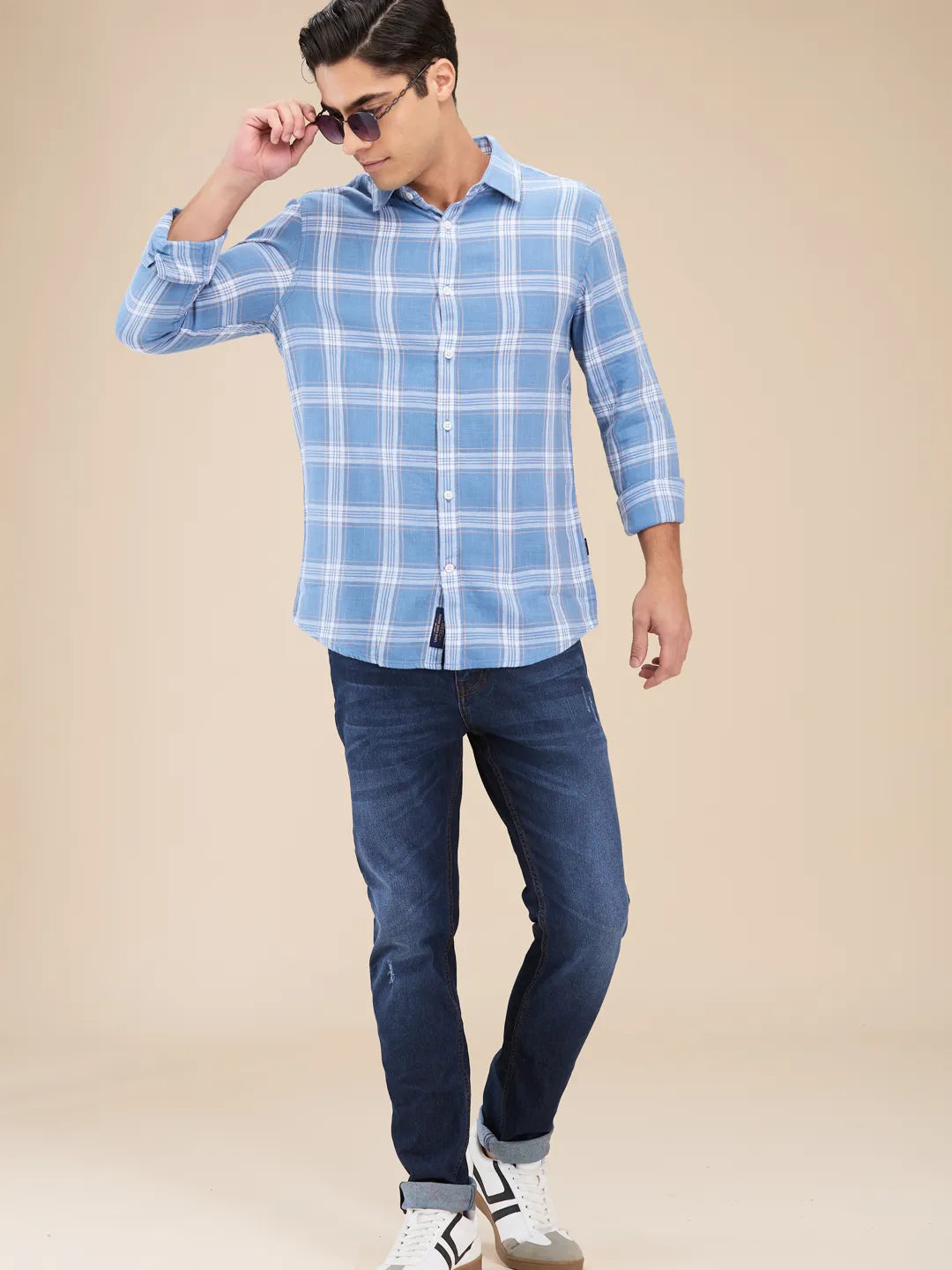 Blue Slim Straight Fit Regular Collar Long Sleeves Men's Shirt by Being Human Clothing