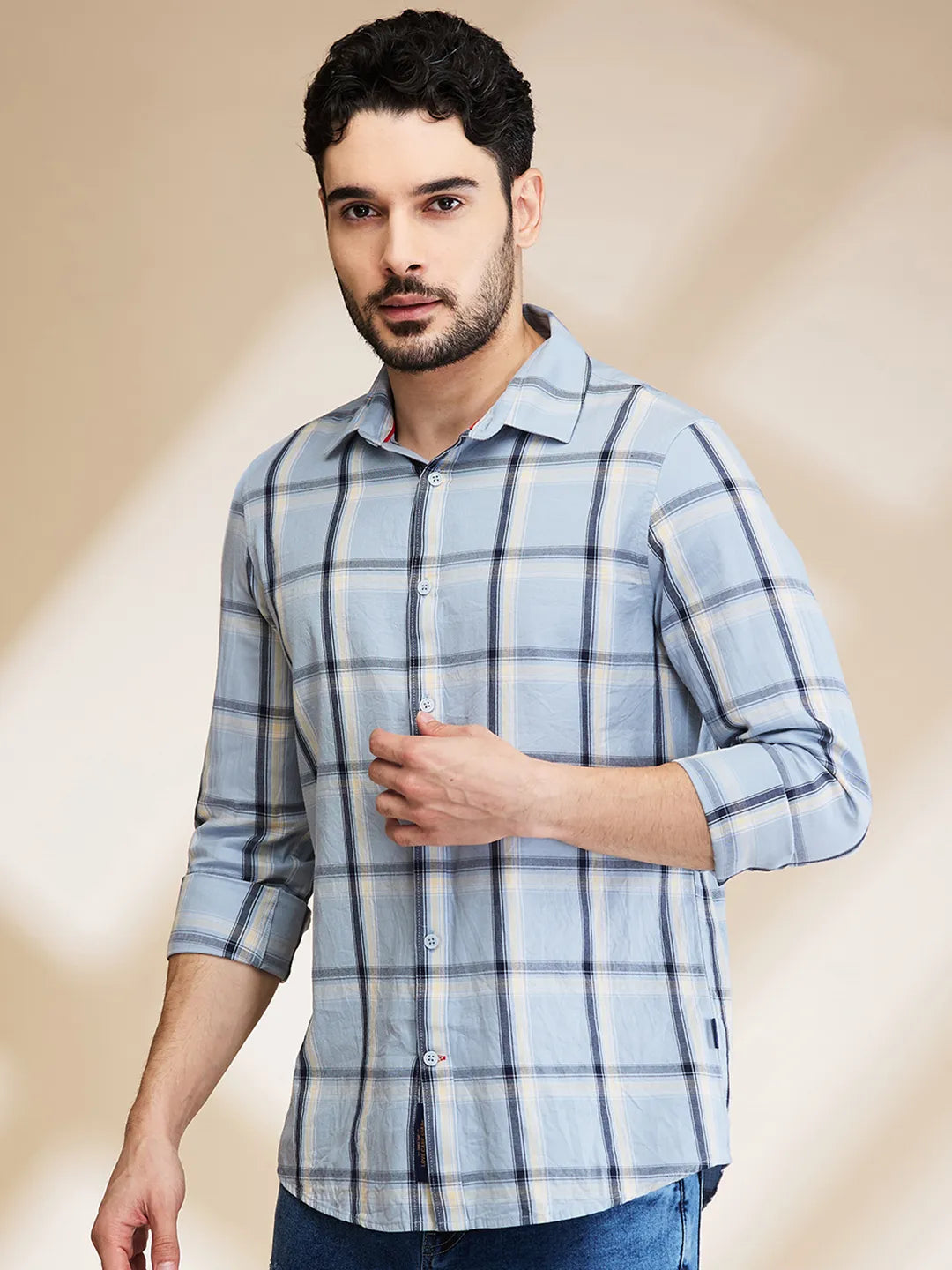 Blue Slim Fit Regular Collar Men's Shirt by Being Human Clothing