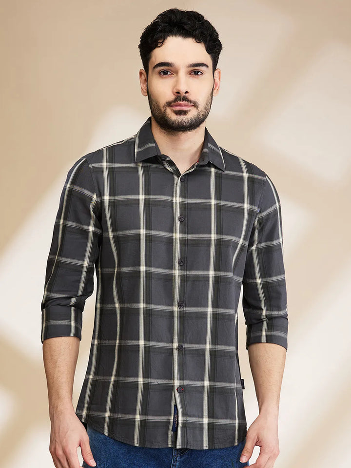 Grey Slim Straight Fit Regular Collar Long Sleeves Men's Shirt by Being Human Clothing