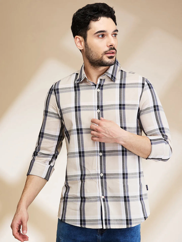 Beige Slim Fit Regular Collar Men's Shirt by Being Human Clothing