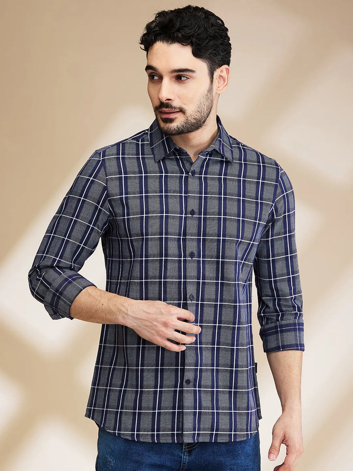 Blue Slim Straight Fit Regular Collar Long Sleeves Men's Shirt by Being Human Clothing