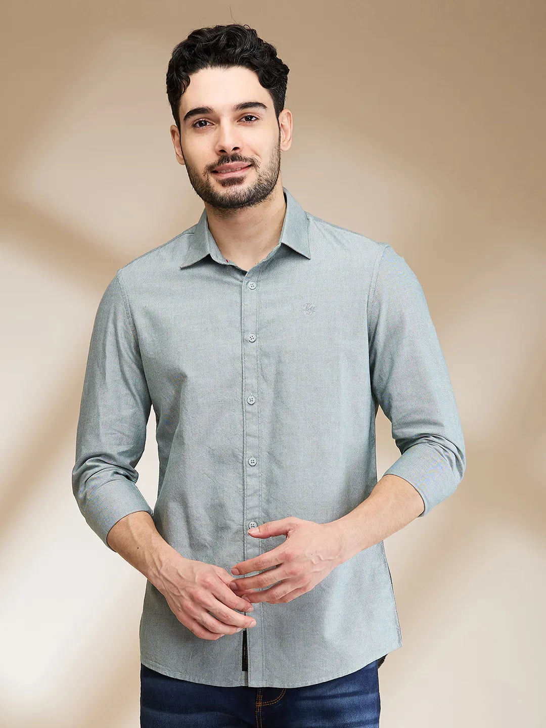 Green Slim Straight Fit Regular Collar Long Sleeves Men's Shirt by Being Human Clothing